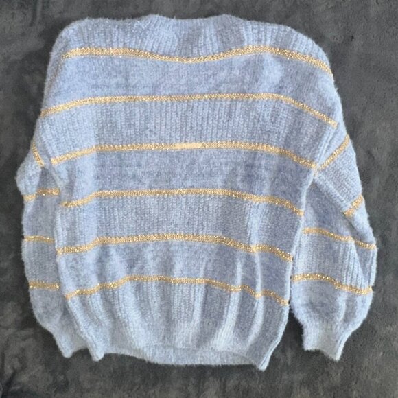 SALE Light Blue Gold Stripe Chunky Knit Soft Sweater Women's Large - Picture 7 of 9